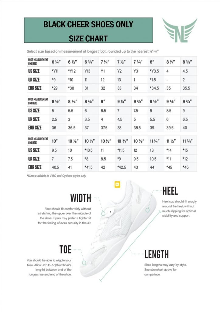 Size Chart 1A Aerobic Shoes